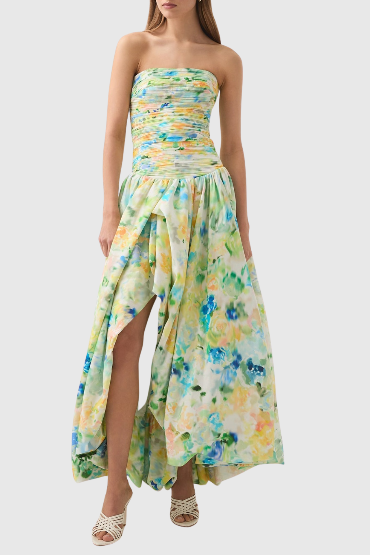 Coleka Print Strapless Ruched Maxi Dress - Green