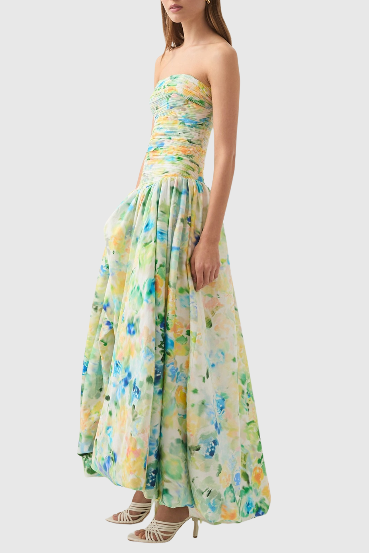 Coleka Print Strapless Ruched Maxi Dress - Green