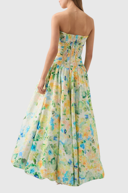 Coleka Print Strapless Ruched Maxi Dress - Green