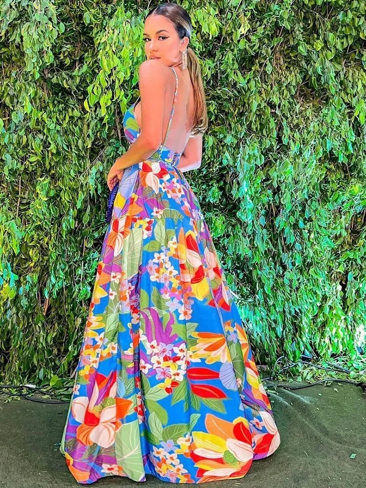 Color Flower Print Spaghetti Strap Evening Dresses Temperament V-neck Backless Beach Vacation Party Long Dress Female