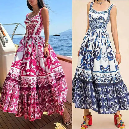 Color Printed Backless Spaghetti Strap Long Dress Sleeveless Vacation Beach Dresses for Female Vestidos