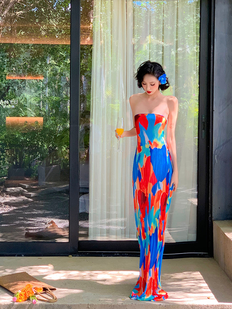 Colorful Strapless Ruched Maxi Dress _ Summer Statement Piece