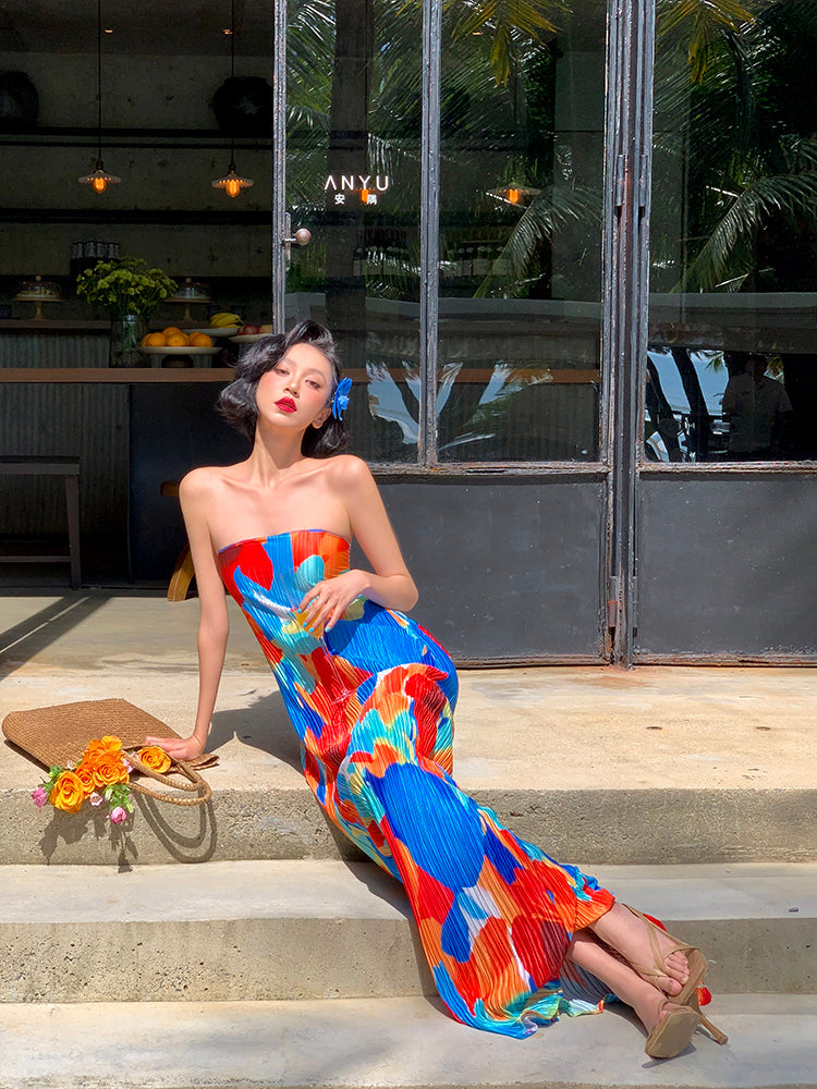 Colorful Strapless Ruched Maxi Dress _ Summer Statement Piece