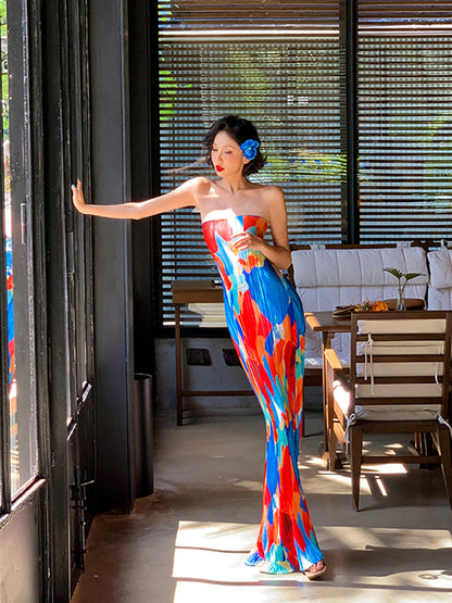 Colorful Strapless Ruched Maxi Dress _ Summer Statement Piece