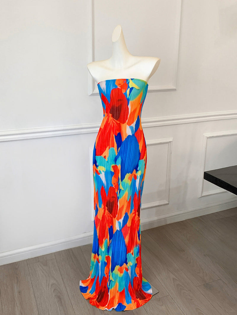 Colorful Strapless Ruched Maxi Dress _ Summer Statement Piece