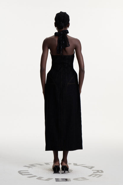 Connell Sequin Halter Neck Denim Maxi Dress