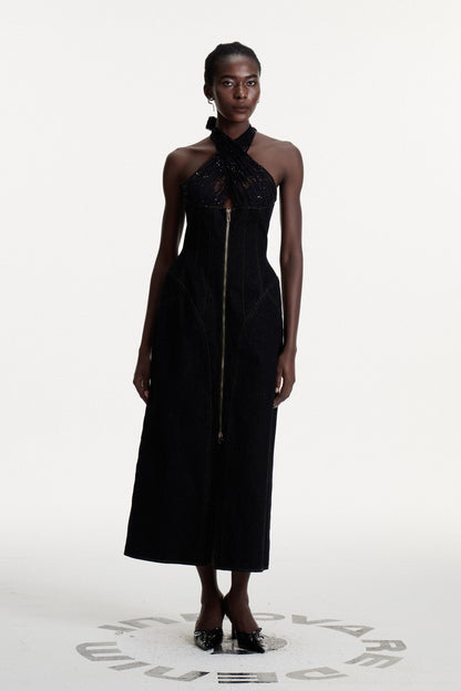 Connell Sequin Halter Neck Denim Maxi Dress