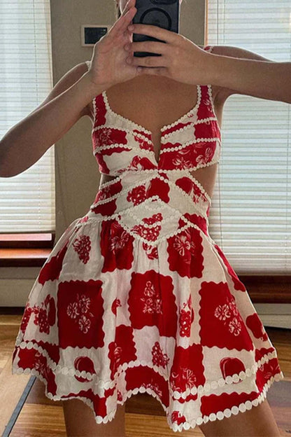 Contrast Printed Cutout A-line Mini Dress