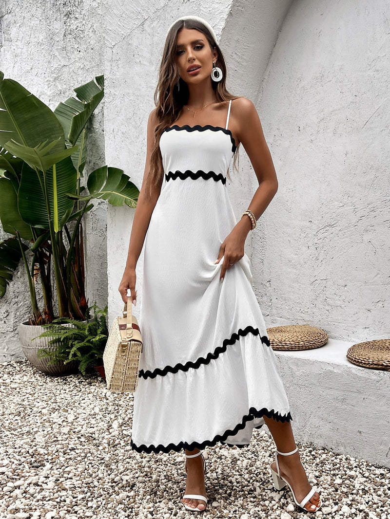 Contrast Color Ruched Backless Cami Dress