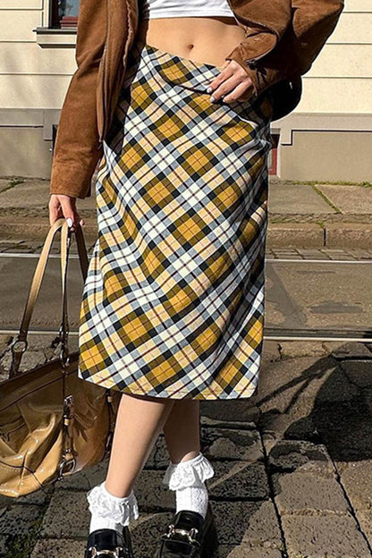 Contrast Plaid High Waist Midi Skirt