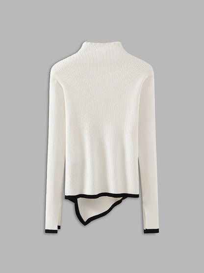 Contrast-trim Asymmetrical Mock Neck Sweater