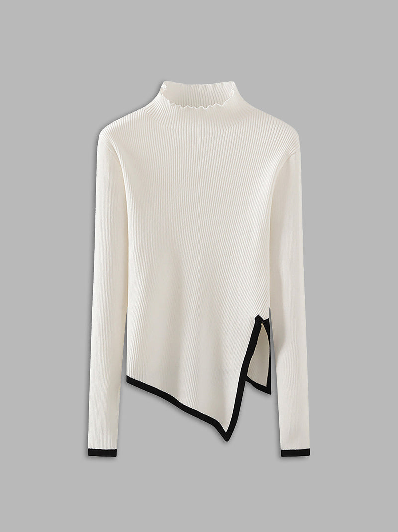 Contrast-trim Asymmetrical Mock Neck Sweater
