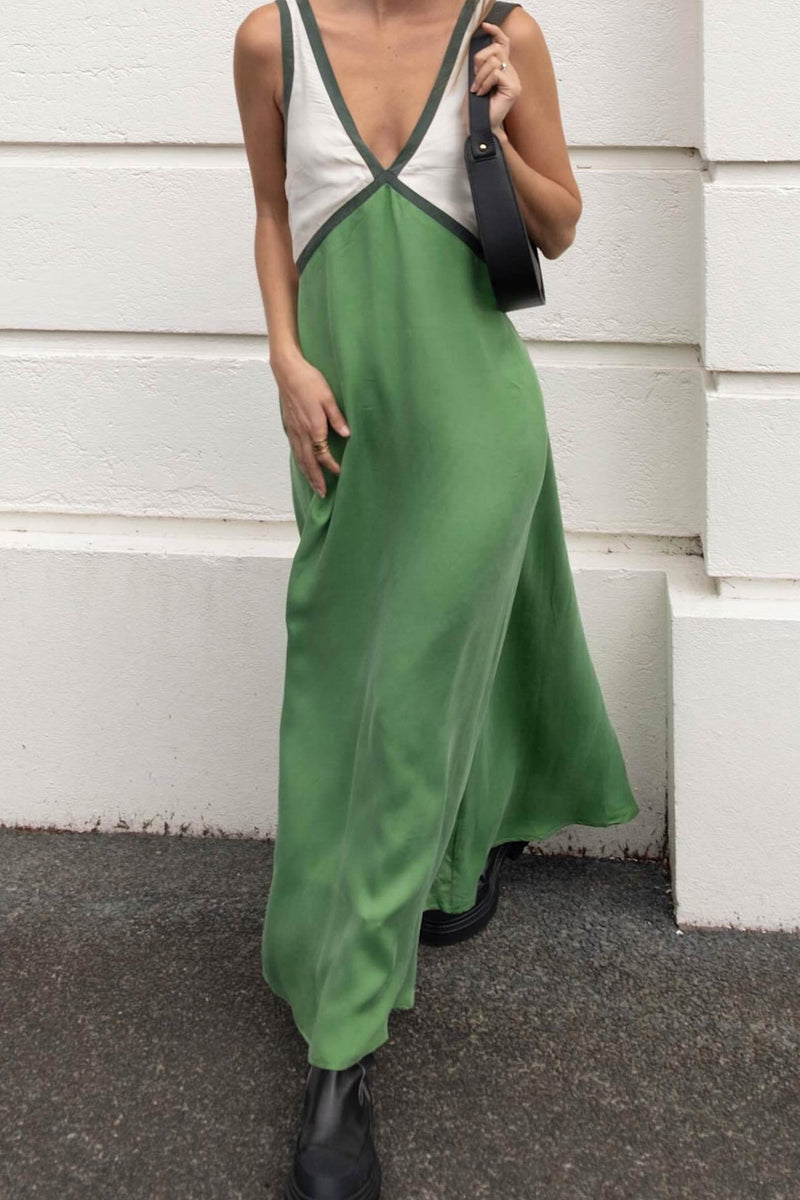 Contrast V Neck Sleeveless Maxi Dress