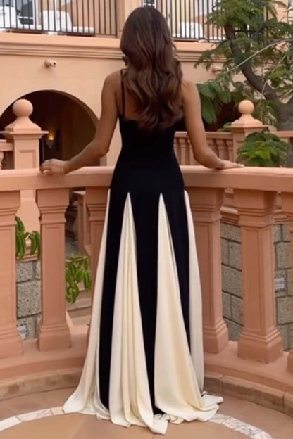 Contrast Color Pleated Spaghetti Strap Maxi Dress