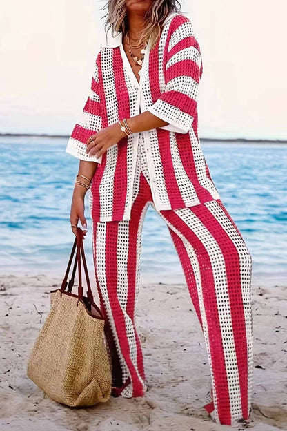 Contrast Stripe Hollow Long Pants Set