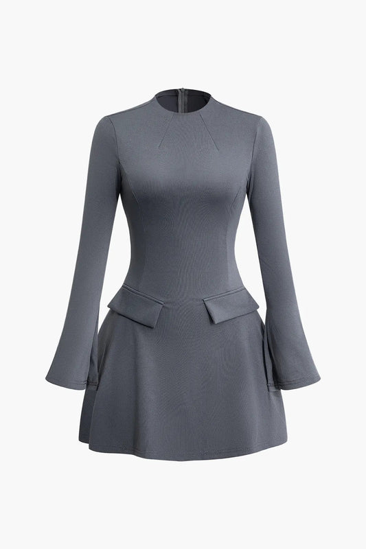 Cora Grey Stitching Bell Sleeve Mini Dress