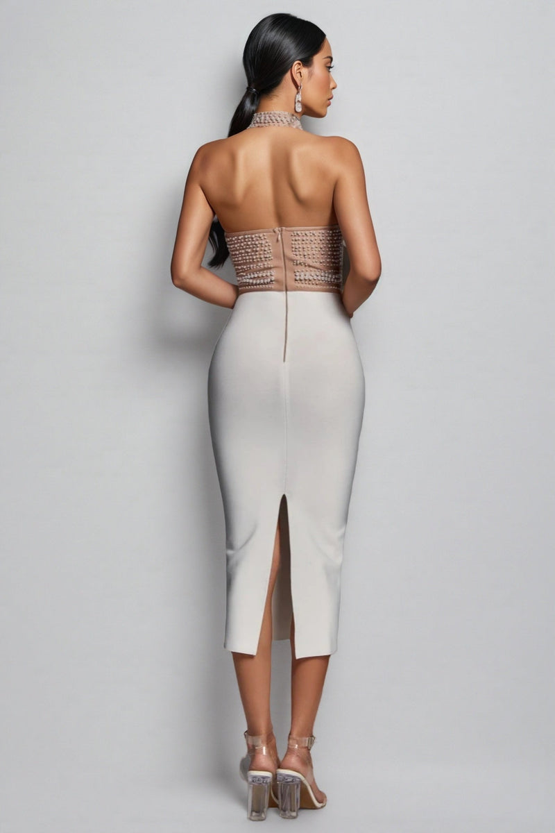 Nerida Pearl Halter Bandage Midi Dress - Beige