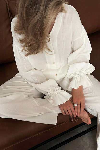 Cotton Flare Sleeve Cardigan Long Pants Set