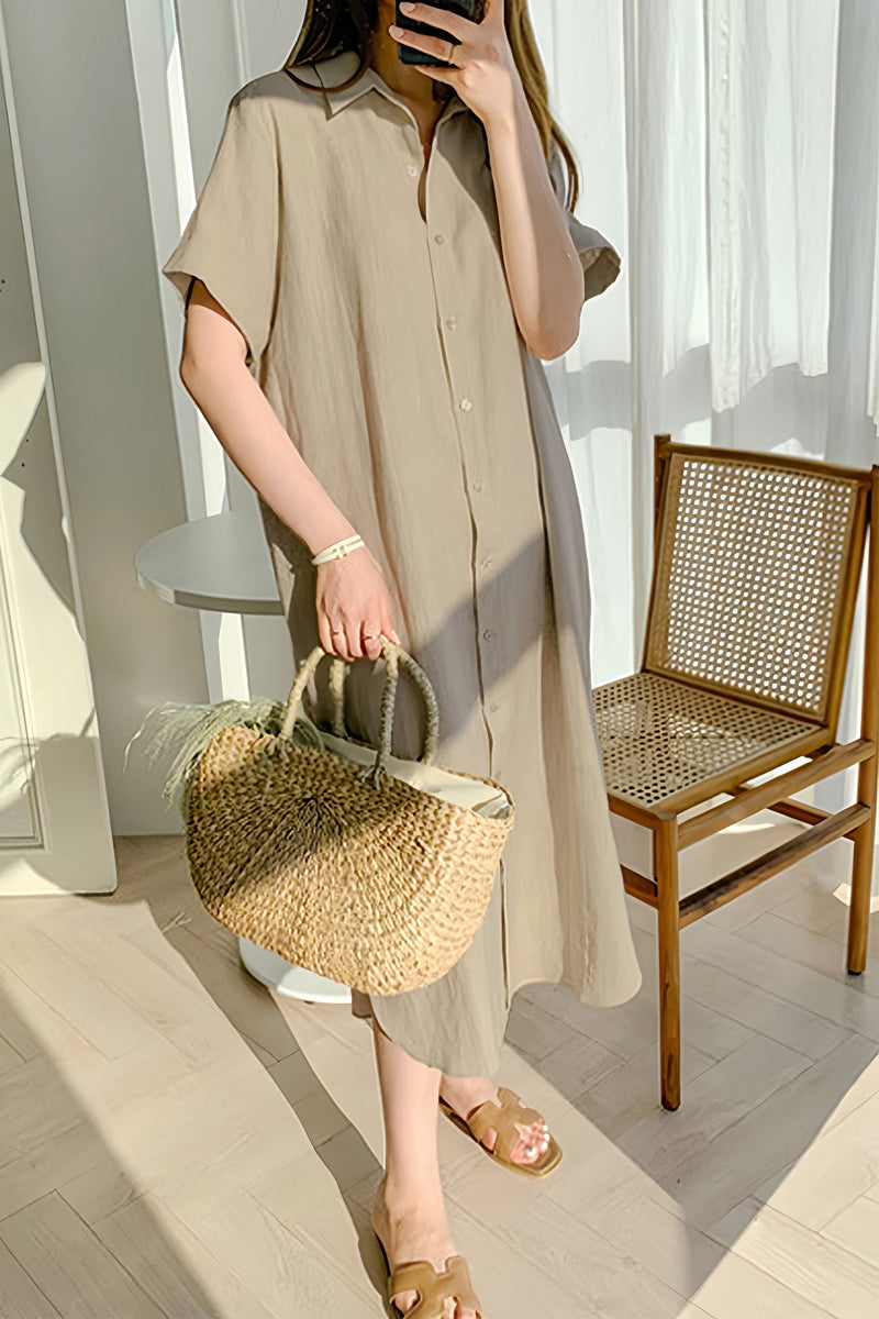 Cotton Linen Tie-waist Shirt Dress