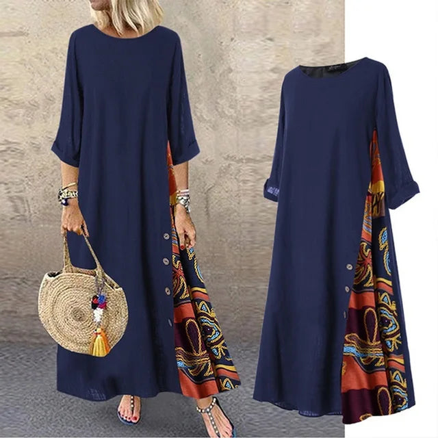 Cotton Linen Long Dresses Three Quarter Sleeves Splicing Print Loose A-line Dress Lady Maxi Vestido