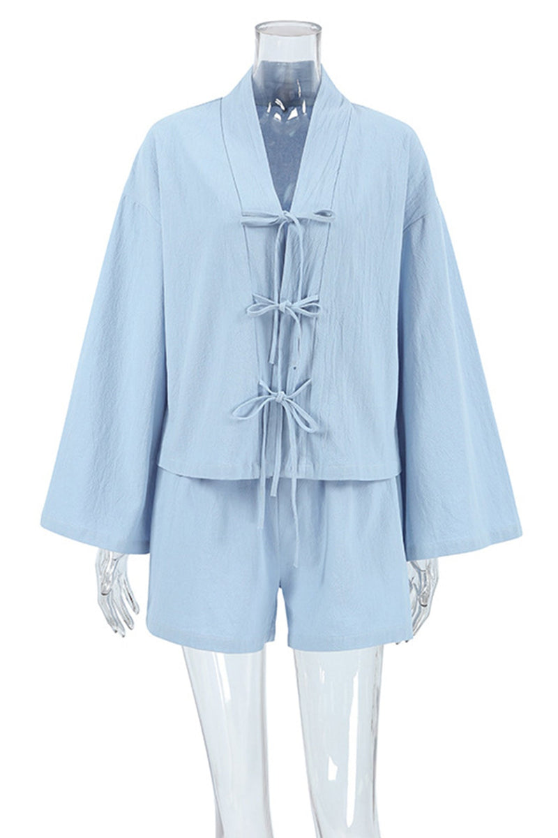 Cotton Long Sleeve Tie-up Shirt Shorts Set