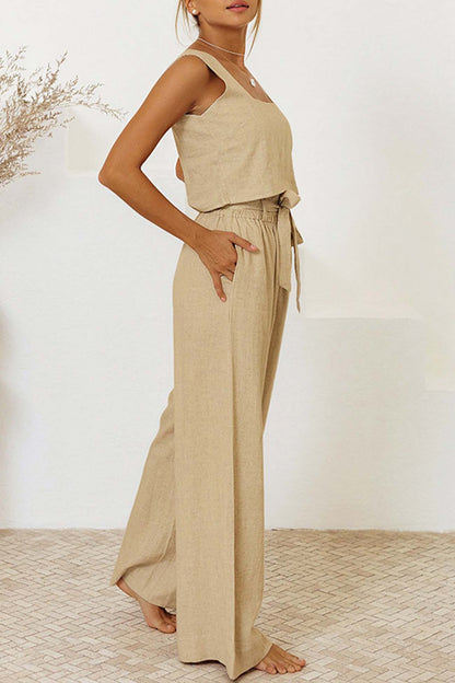 Cotton Waist-tie Square Neck Pants Set