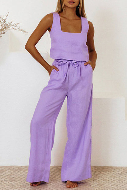 Cotton Waist-tie Square Neck Pants Set