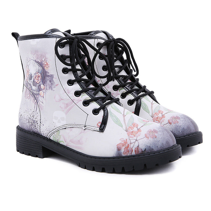 En Bloom | Skull- Ankle Flat Combat Boots - White