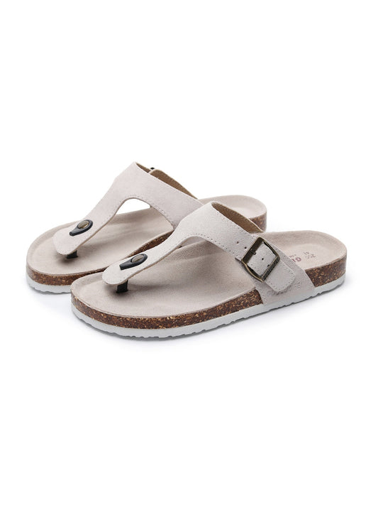 Maibulun | Cream Suede T-strap Leather Sandal