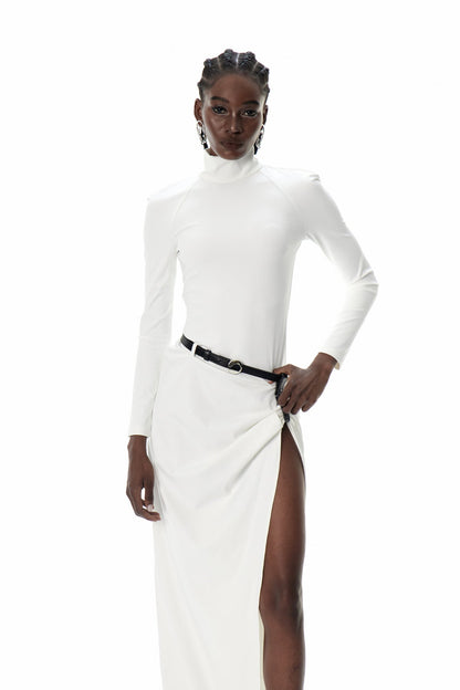Cree Long Sleeve Ruch Split Maxi Dress