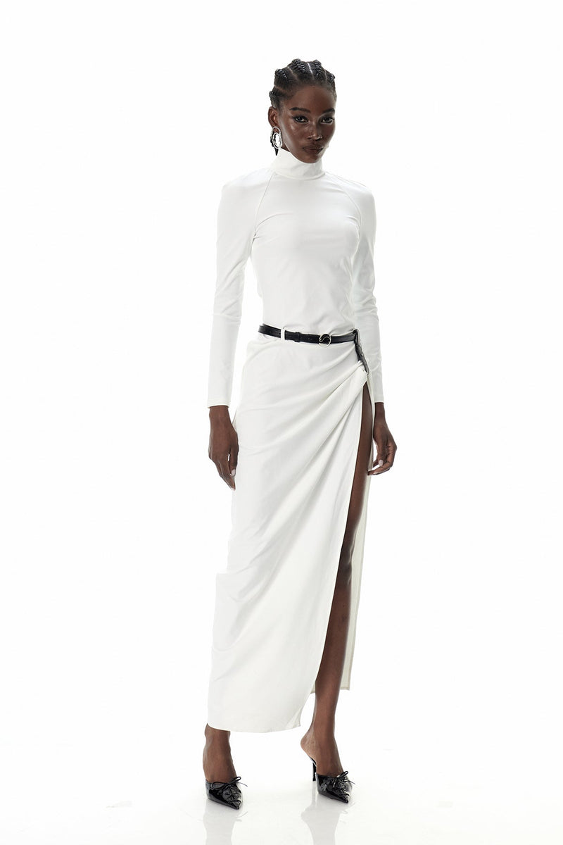 Cree Long Sleeve Ruch Split Maxi Dress
