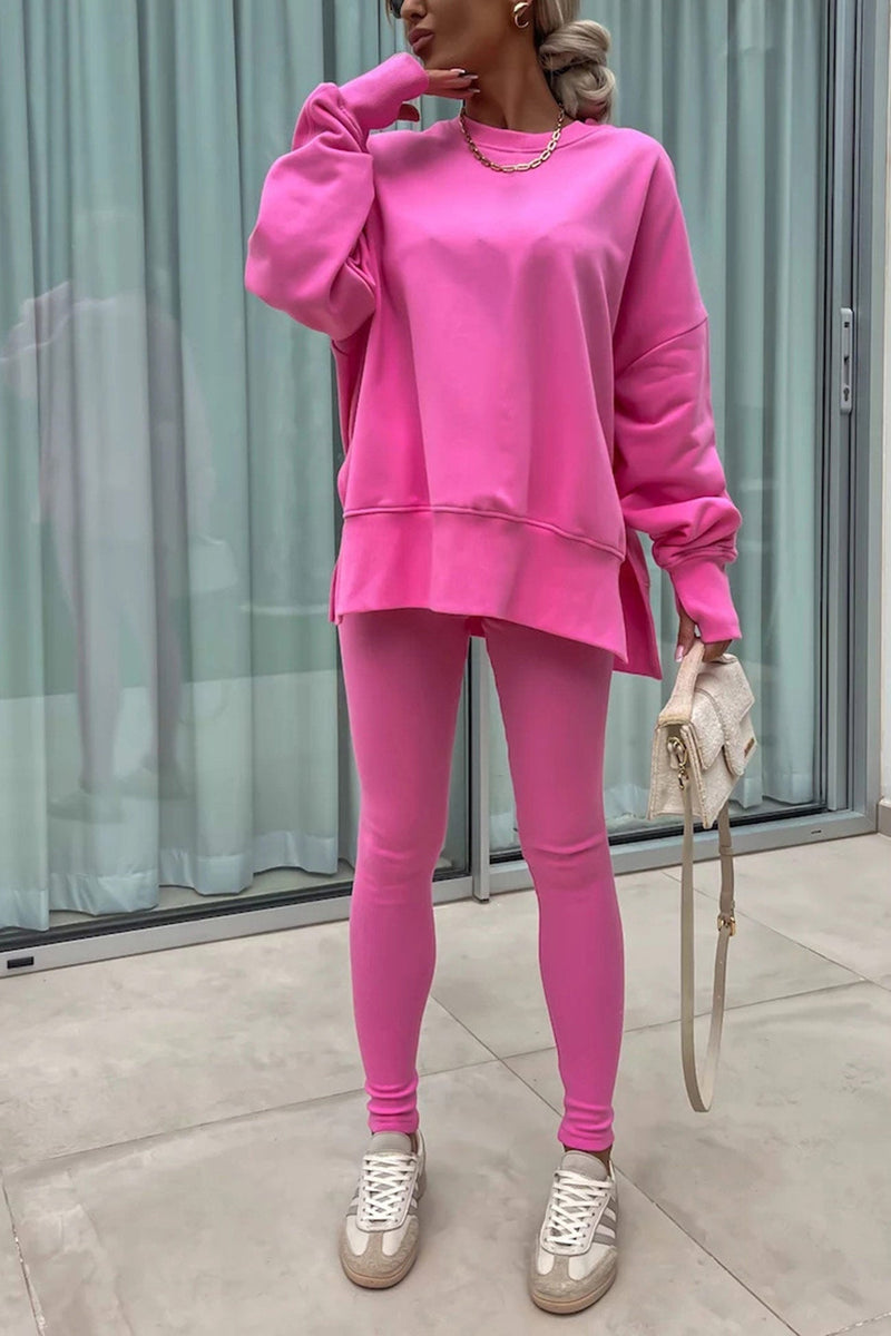Crew Neck Slit Sweatshirt Legging Suits