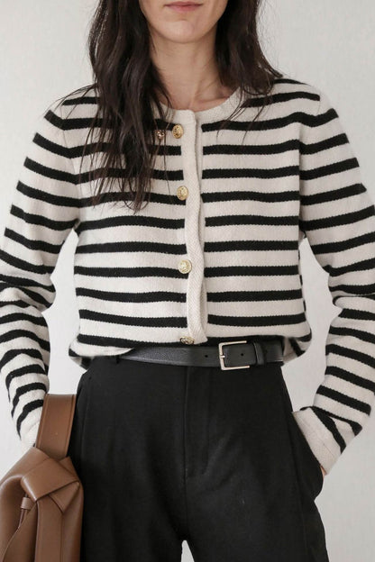 Crew Neck Striped Cardigan Shorts Set