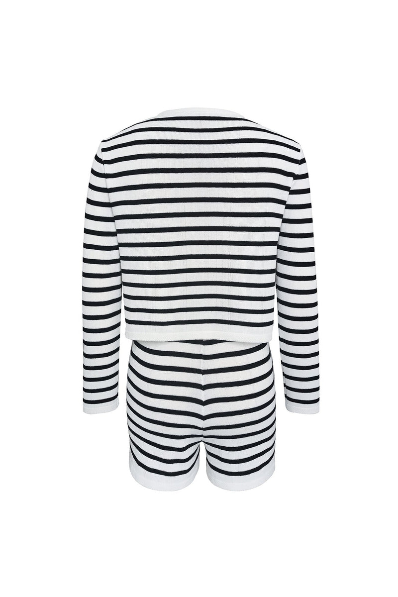Crew Neck Striped Cardigan Shorts Set