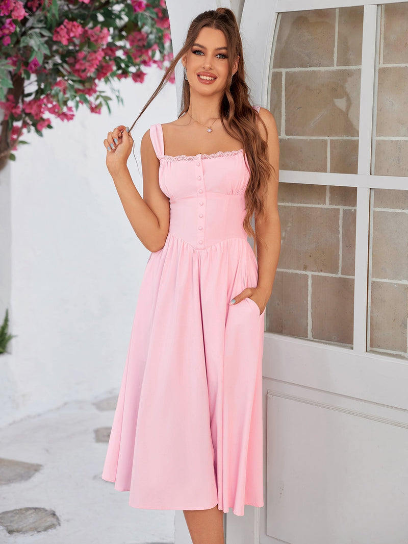 Crisscross Tie Back Button Pocket Dress