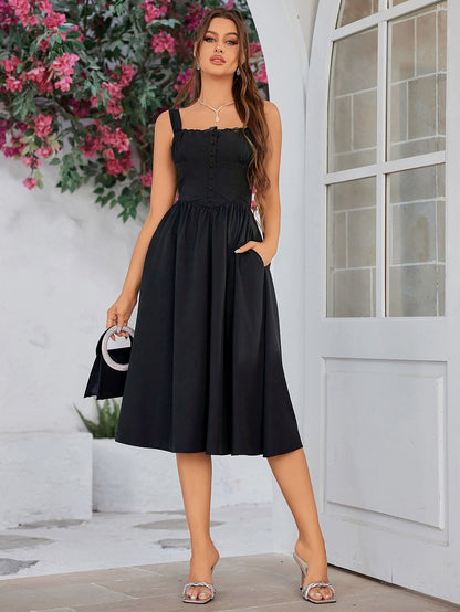 Crisscross Tie Back Button Pocket Dress