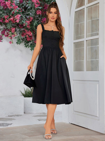 Crisscross Tie Back Button Pocket Dress