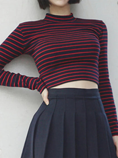 Crop Tops All-match Classic Stripe Slim Short Bustier Crop Top Turtleneck Long Sleeved T-shirt Shirts Tee