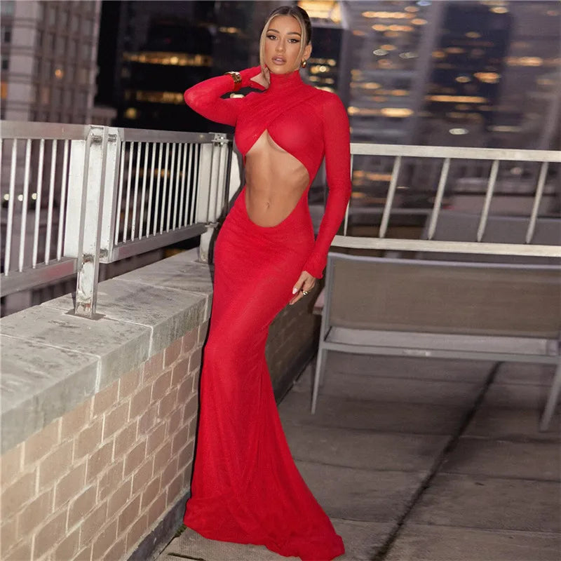 Cut Out Maxi Dress With Long Sleeves for Christmas Party Club