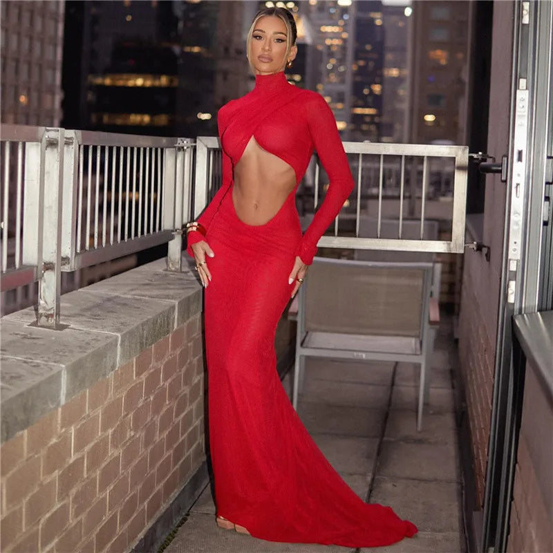 Cut Out Maxi Dress With Long Sleeves for Christmas Party Club