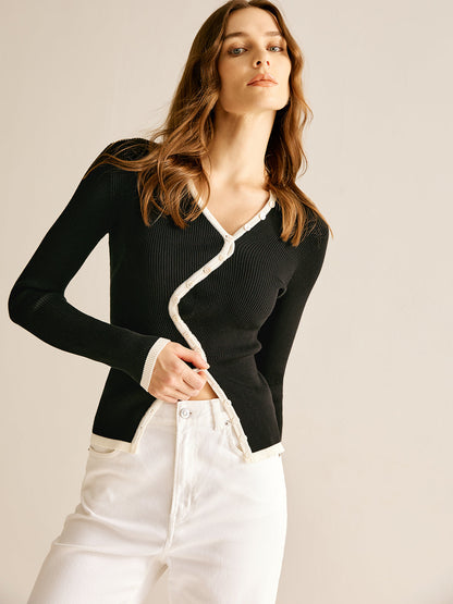 Curved Contrast Trim Button Cardigan