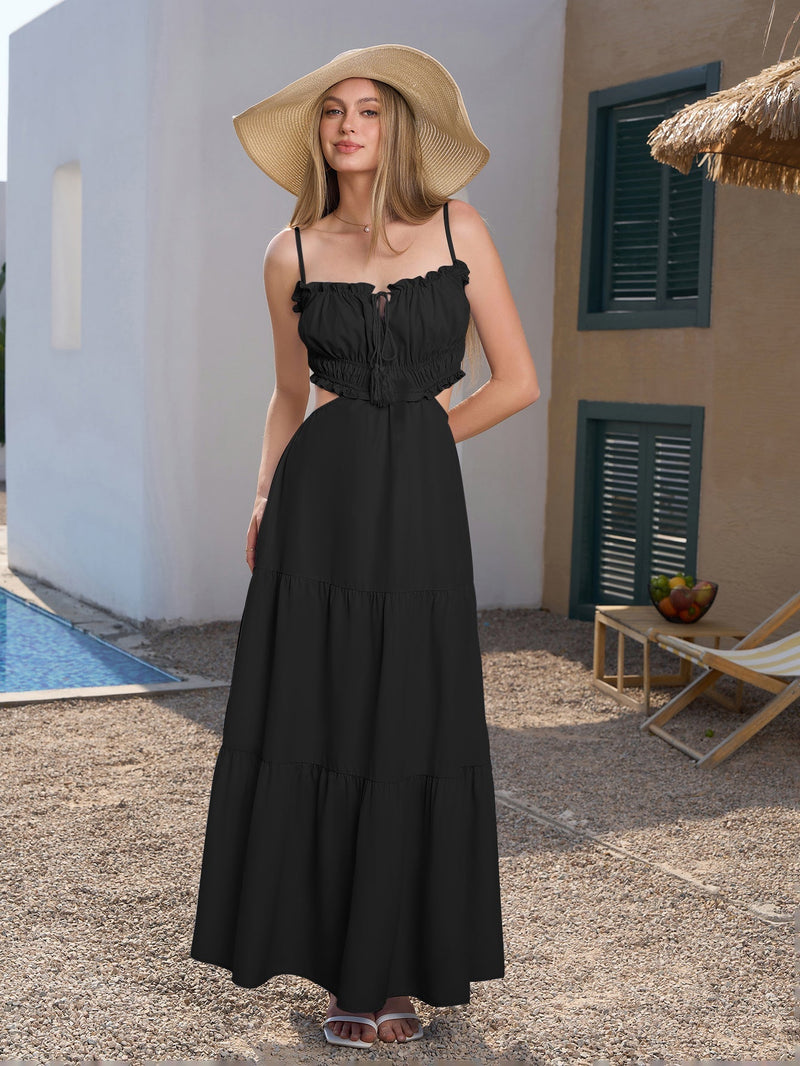 Cut Out Tie Front Flounce Trim Cami Dress