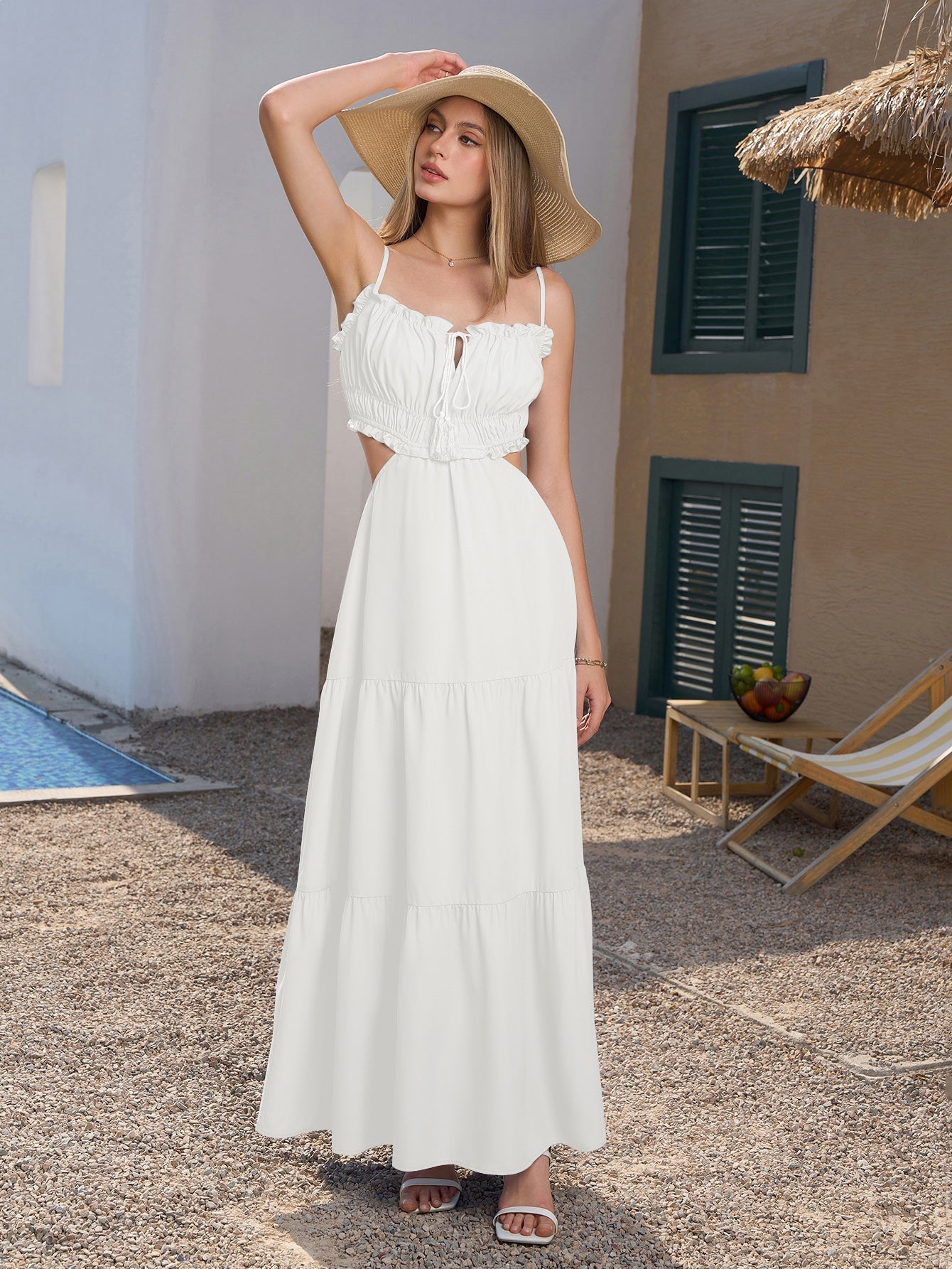 Cut Out Tie Front Flounce Trim Cami Dress