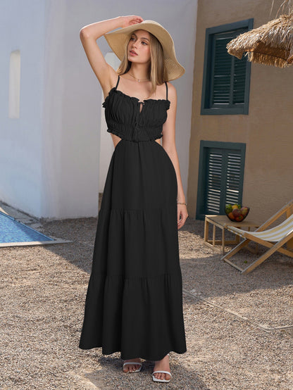 Cut Out Tie Front Flounce Trim Cami Dress