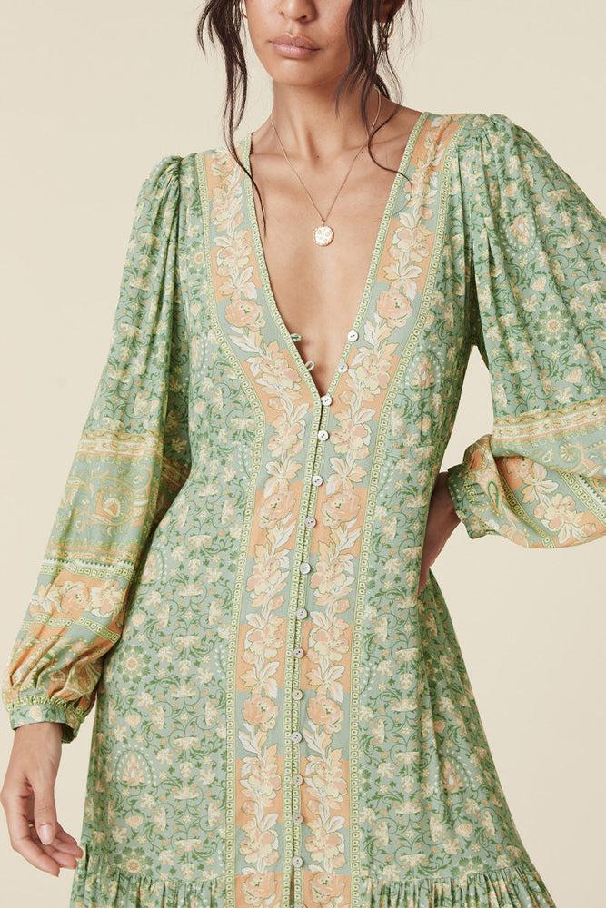 Long Sleeve V-neck Drapped Midi Dress Green