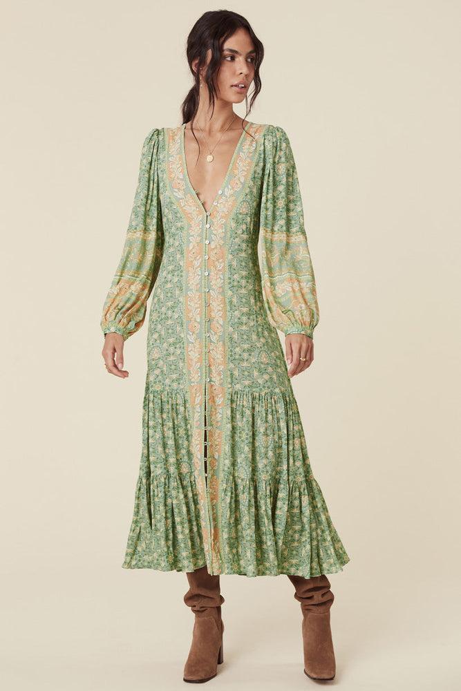 Long Sleeve V-neck Drapped Midi Dress Green