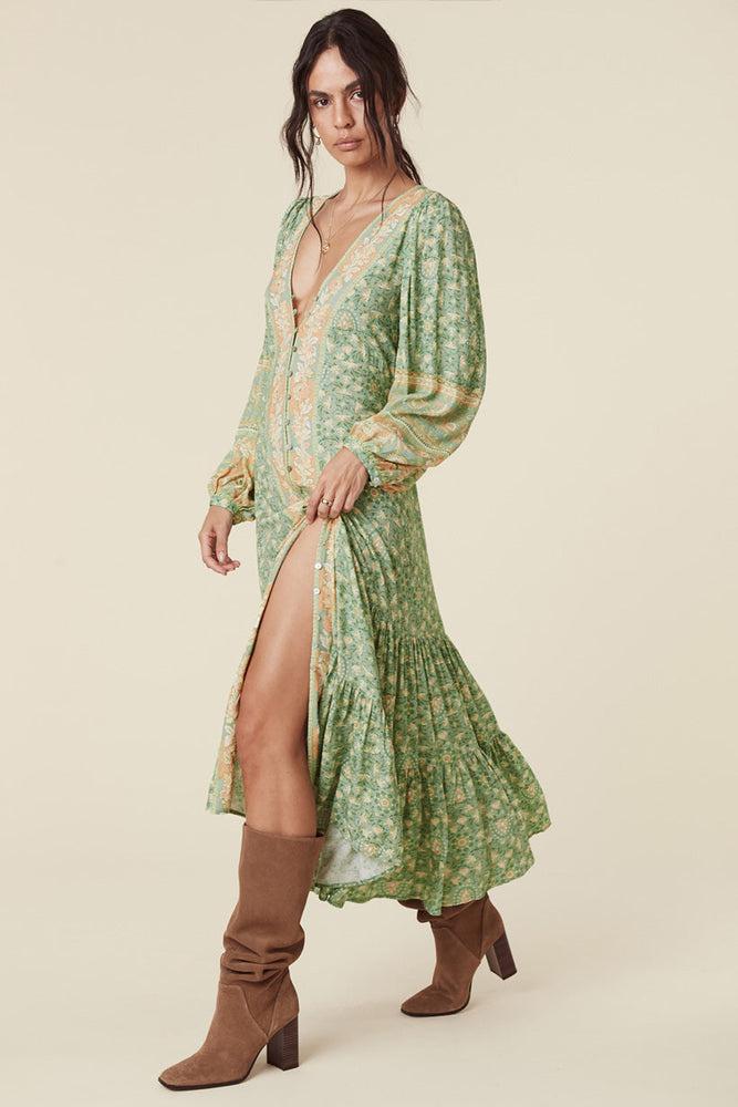 Long Sleeve V-neck Drapped Midi Dress Green
