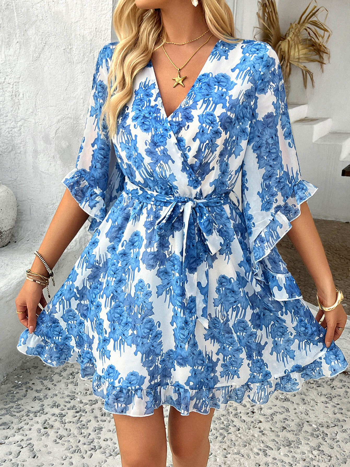 Molly Ruffle Wrap Mini Dress - Blue