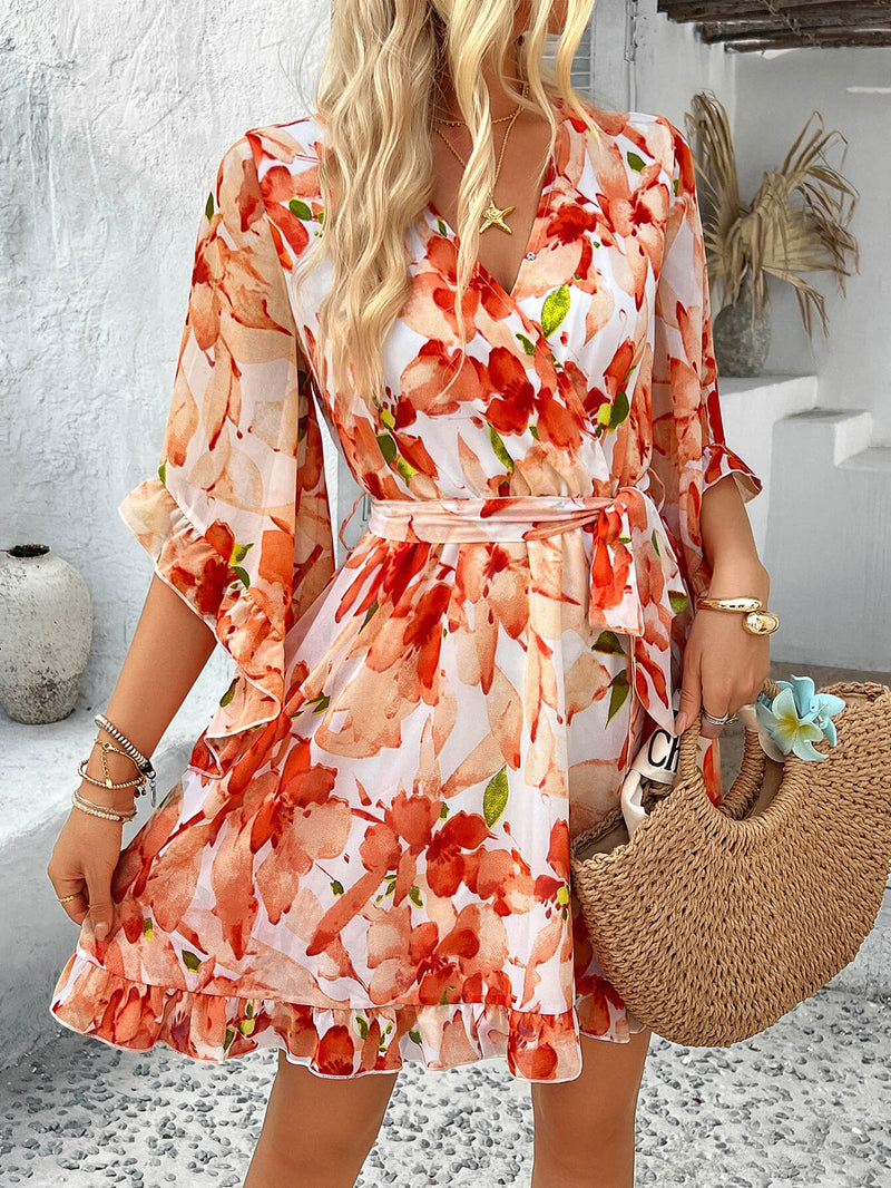 Molly Ruffle Wrap Mini Dress - Orange