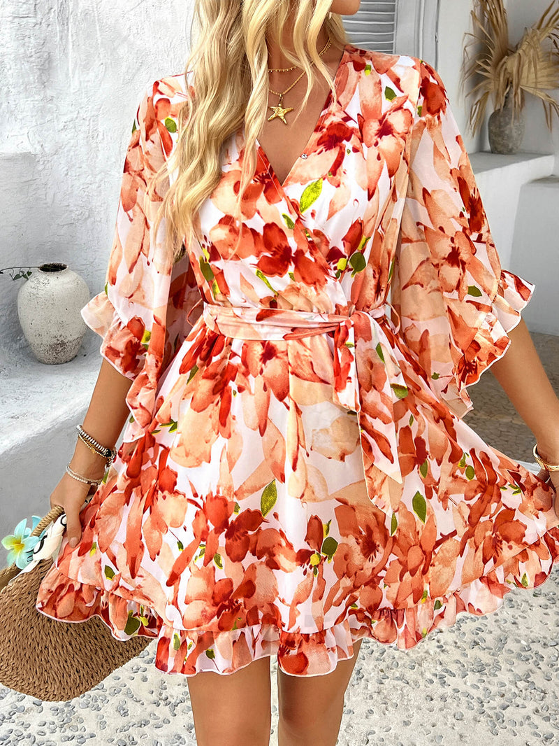 Molly Ruffle Wrap Mini Dress - Orange